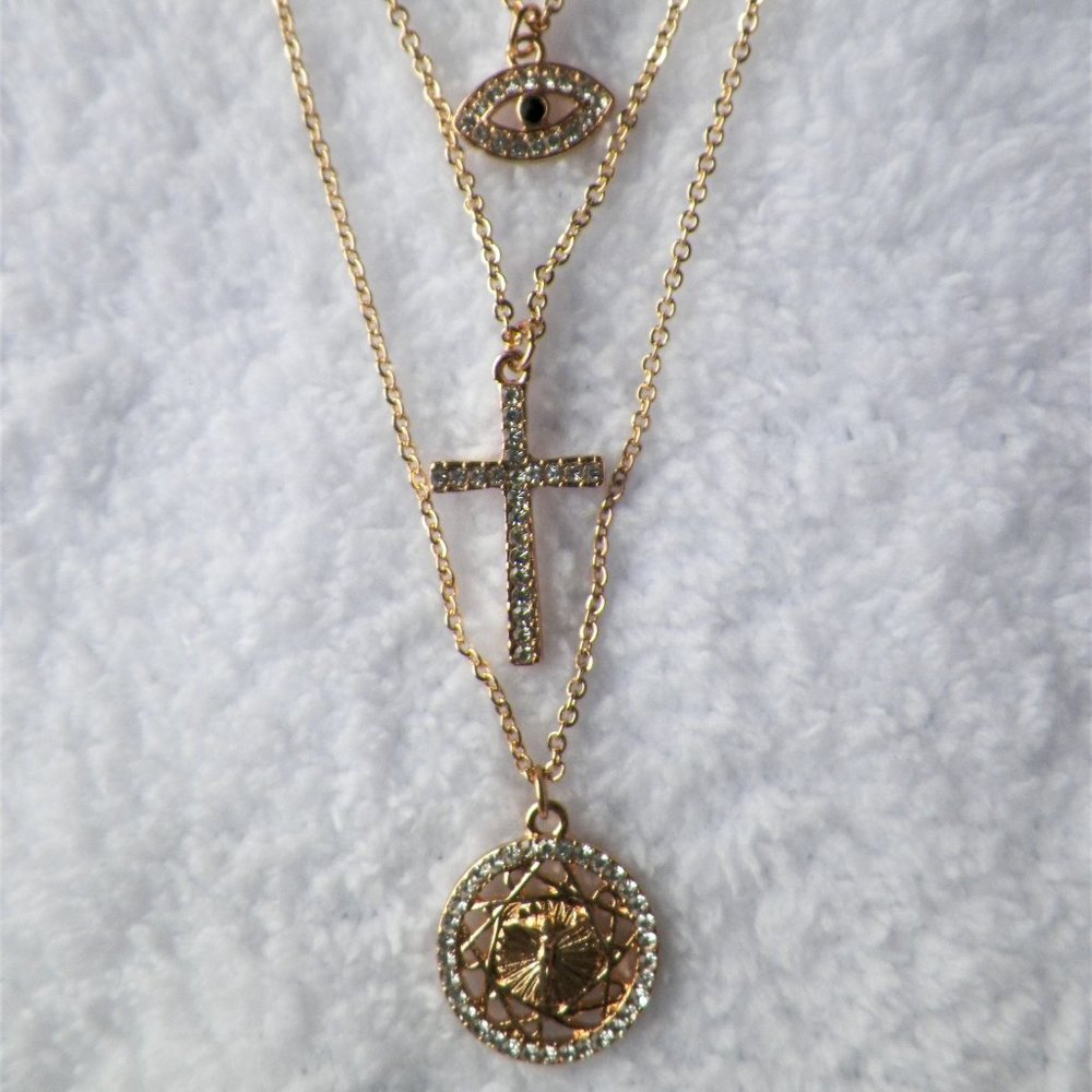 Forever 21 Multi-Layer Necklace Spiritual Protection Cross Crucifix Eye